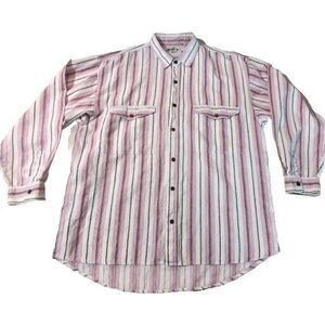 Vintage Men Zeppelin Brand Striped Pink Black Button Up Long Sleeve Size XLarge